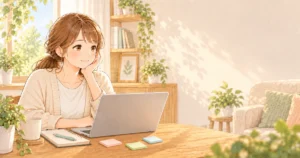 保育士向け転職サイトを比較して選ぶ女性のやさしい絵本タッチのイラスト