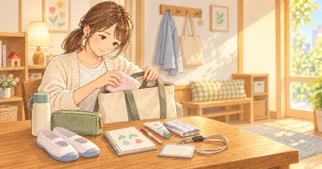 仕事の持ち物を整える保育士と便利グッズのやさしい絵本タッチのイラスト