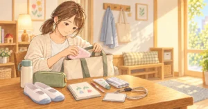 仕事の持ち物を整える保育士と便利グッズのやさしい絵本タッチのイラスト