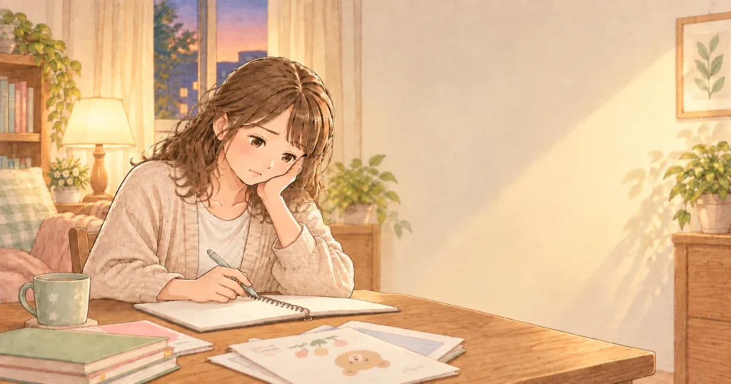 家でノートを前に保育士1年目の働き方に悩んでいる保育士のやさしい絵本タッチのイラスト