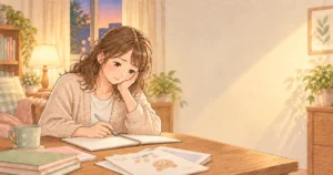 家でノートを前に保育士1年目の働き方に悩んでいる保育士のやさしい絵本タッチのイラスト