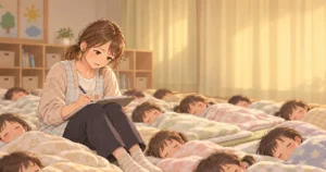 保育園の午睡中に子どもたちに囲まれながら膝の上で日誌を書く保育士のやさしい絵本タッチのイラスト