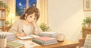 夜の自宅で保育の書類仕事をしている保育士のやさしい絵本タッチのイラスト