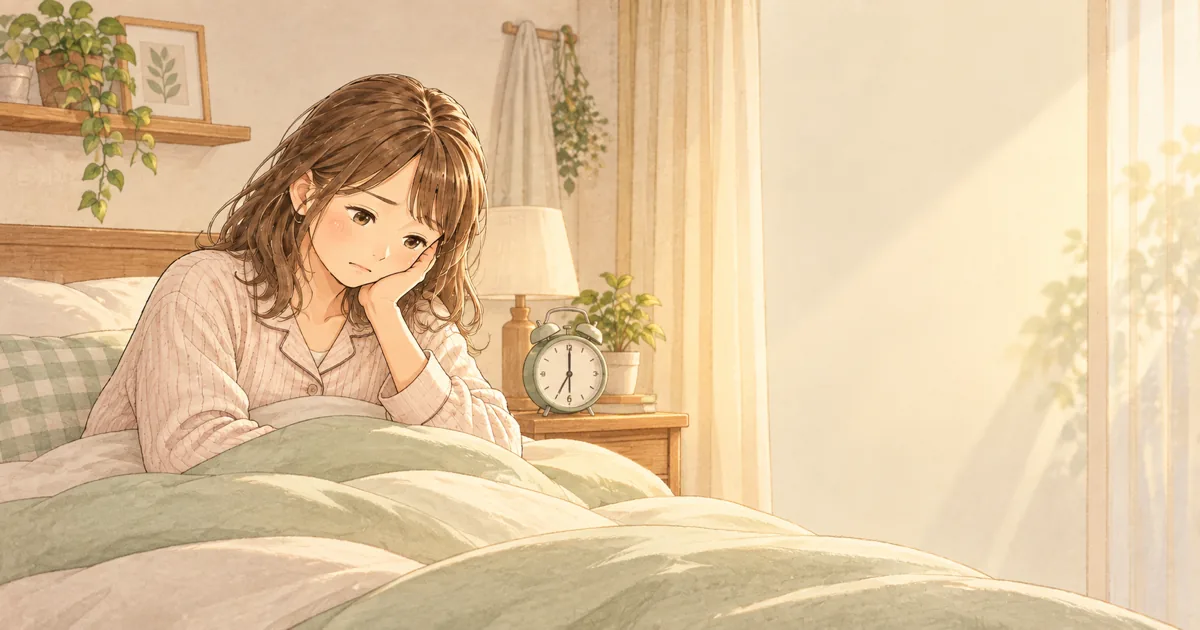 朝6時ごろの寝室で出勤前に気持ちが重くなっている保育士のやさしい絵本タッチのイラスト