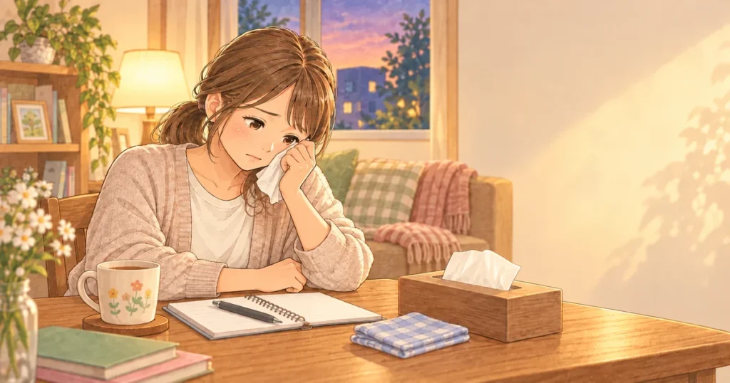 家で涙をぬぐいながら心を休める保育士のやさしい絵本タッチのイラスト