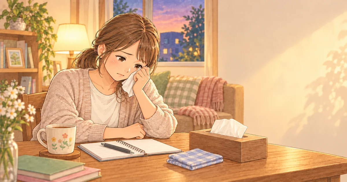 家で涙をぬぐいながら心を休める保育士のやさしい絵本タッチのイラスト