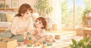 家で子どもと目を合わせて遊びながらパート勤務との両立を考える保育士のやさしい絵本タッチのイラスト