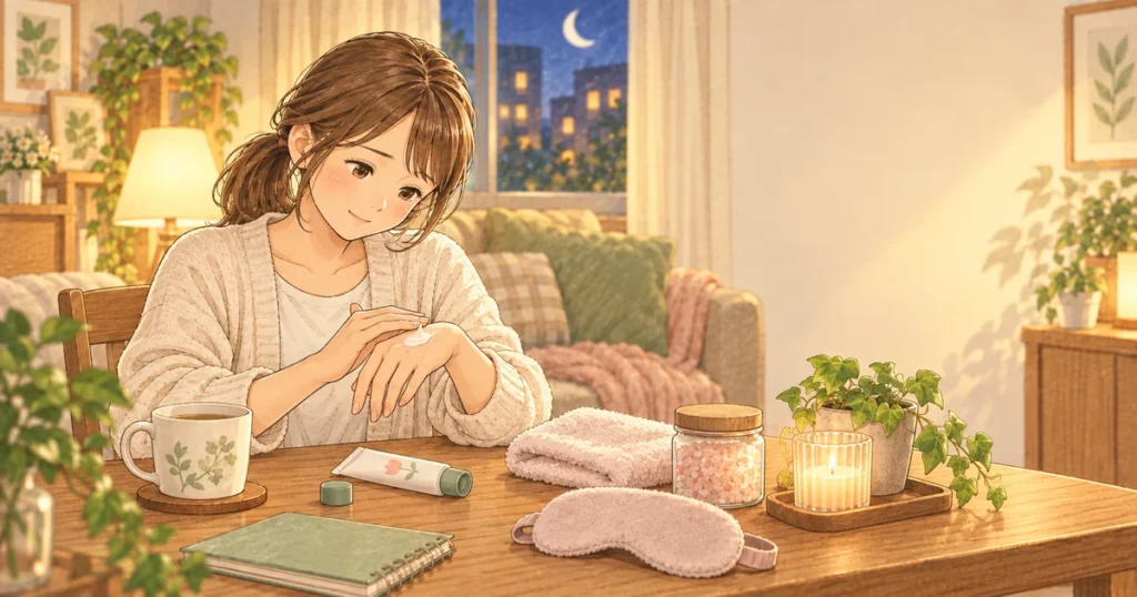 家で手をいたわりながらセルフケアをする保育士のやさしい絵本タッチのイラスト