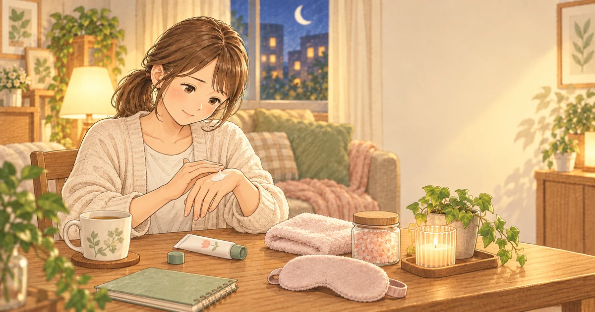 家で手をいたわりながらセルフケアをする保育士のやさしい絵本タッチのイラスト