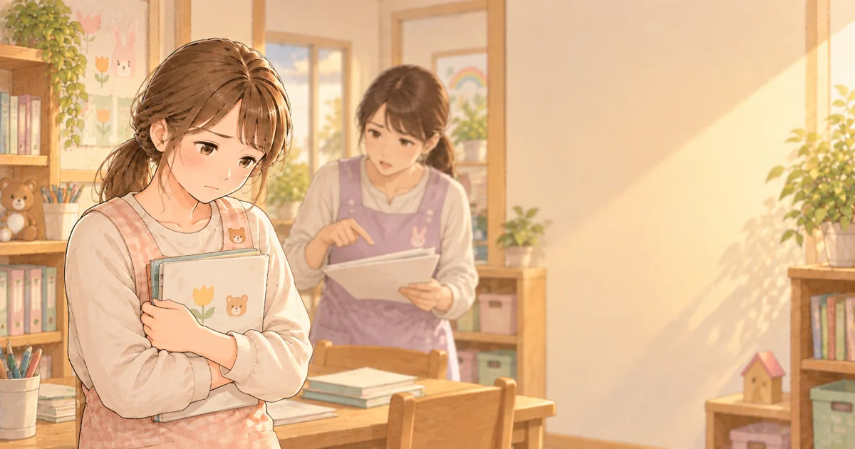 先輩との関係に緊張している保育士のやさしい絵本タッチのイラスト