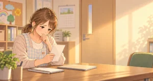 退職を伝える前に園の職員室でメモを確認する保育士のやさしい絵本タッチのイラスト