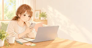 転職サービスの登録前に評判を調べる保育士のやさしい絵本タッチのイラスト